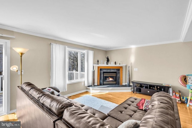 living area featuring ornamental molding, wood finished floors, and a lit fireplace