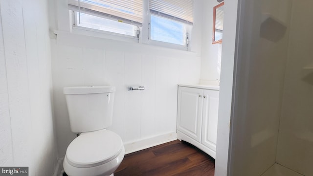 bathroom with vanity, toilet, and wood finished floors