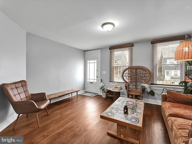 living area featuring wood finished floors and baseboards