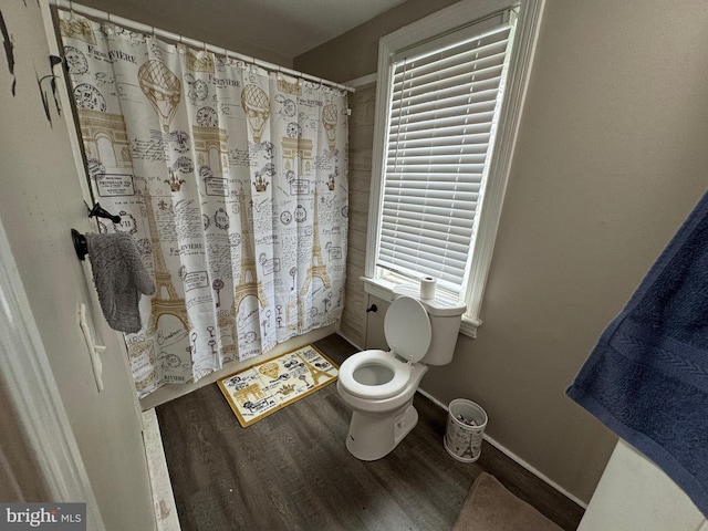 full bath featuring toilet, plenty of natural light, baseboards, and wood finished floors