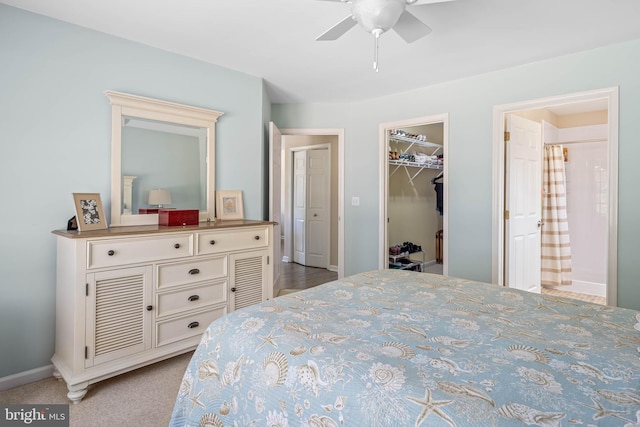 bedroom with a spacious closet, a ceiling fan, and baseboards