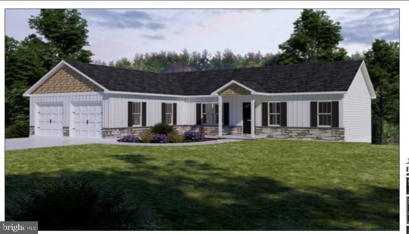 view of front of property with a garage, stone siding, a front lawn, and board and batten siding