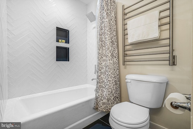 full bathroom featuring shower / bath combination with curtain, toilet, and radiator