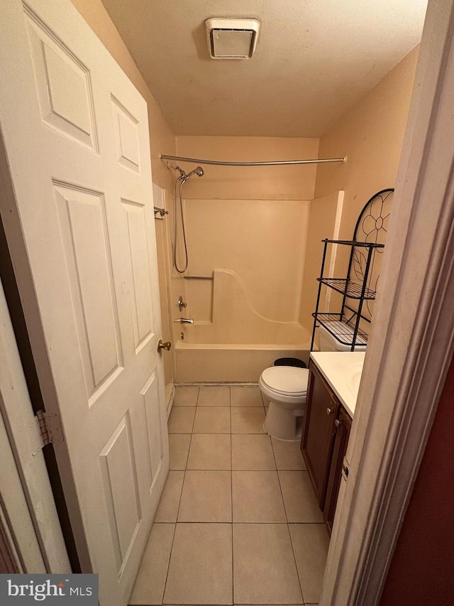 bathroom featuring shower / bath combination, visible vents, toilet, tile patterned flooring, and vanity