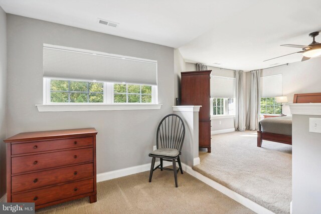 living area featuring baseboards, visible vents, and carpet flooring