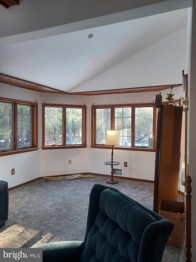 sitting room with a healthy amount of sunlight, carpet flooring, vaulted ceiling, and baseboards