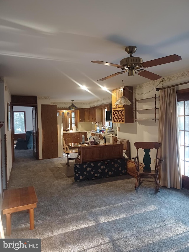 living area featuring a ceiling fan and carpet