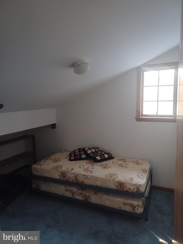 bedroom with carpet and vaulted ceiling