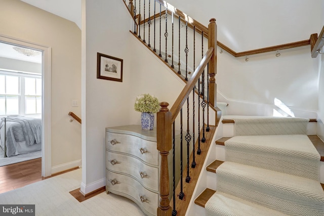 staircase with baseboards and wood finished floors