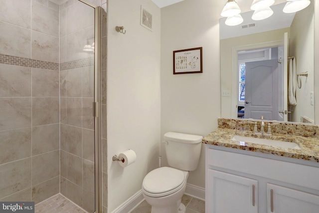 bathroom with visible vents, vanity, and a shower stall