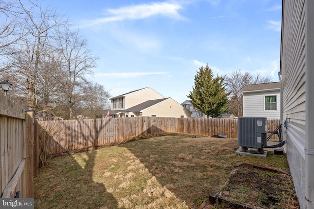 view of yard featuring a fenced backyard and central AC unit