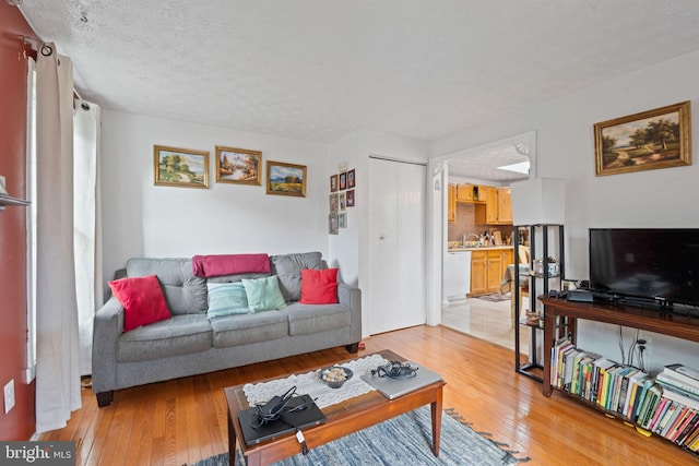 living area with light wood-style flooring and a textured ceiling