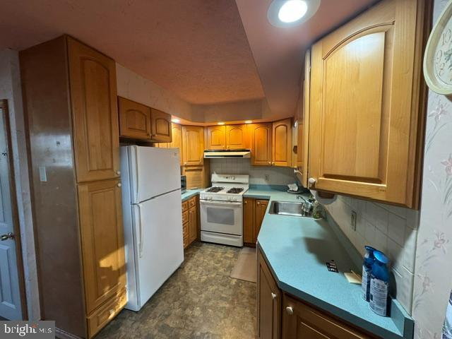 kitchen with tasteful backsplash, white appliances, a sink, and under cabinet range hood