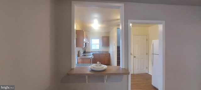 hall with light wood-type flooring and a sink