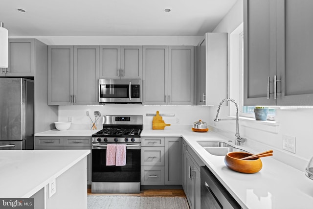 kitchen featuring light countertops, appliances with stainless steel finishes, a sink, and gray cabinetry