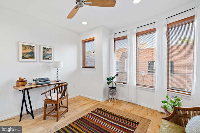 home office with ceiling fan, baseboards, wood finished floors, and recessed lighting