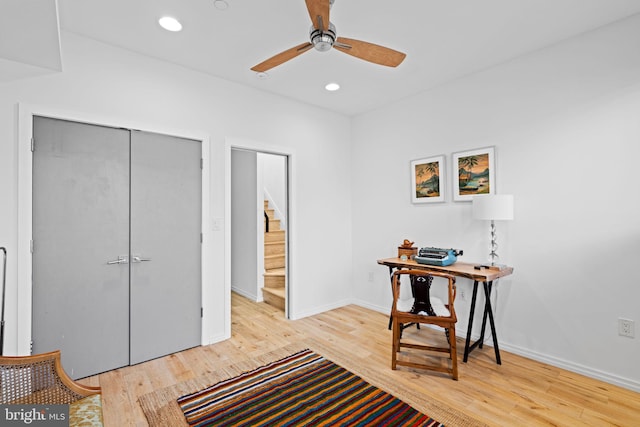 office area featuring light wood-style floors, recessed lighting, baseboards, and a ceiling fan