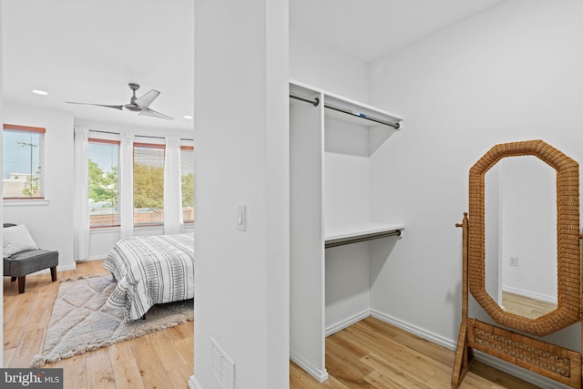 spacious closet with hardwood / wood-style flooring, visible vents, ceiling fan, and a barn door