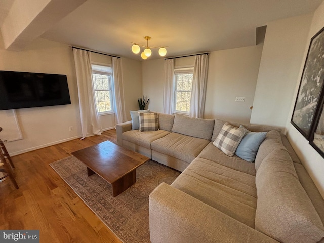 living room featuring a healthy amount of sunlight, baseboards, and wood finished floors