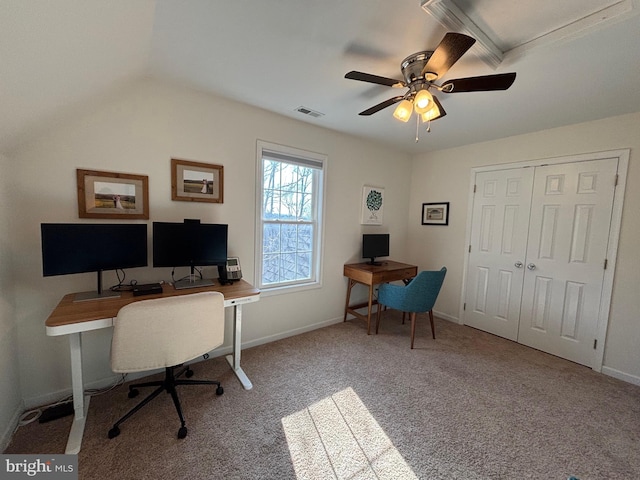 office area with a ceiling fan, carpet, visible vents, baseboards, and lofted ceiling