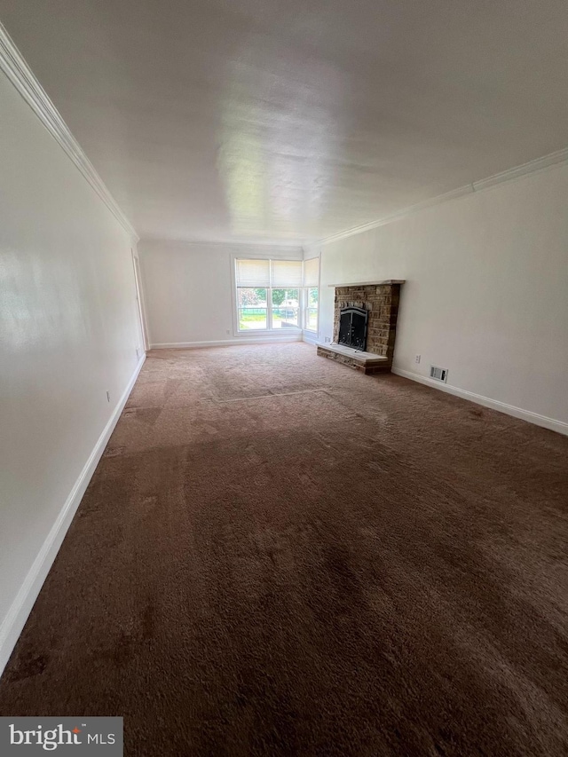 8211 Beach Dr, Baltimore, MD 21222 - unfurnished living room with ornamental molding, carpet, a stone fireplace, and baseboards