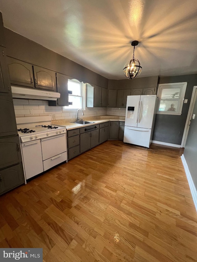 8211 Beach Dr, Baltimore, MD 21222 - kitchen featuring white appliances, under cabinet range hood, backsplash, light countertops, and a sink