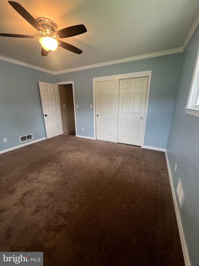 8211 Beach Dr, Baltimore, MD 21222 - unfurnished bedroom featuring ornamental molding, carpet, baseboards, a closet, and ceiling fan