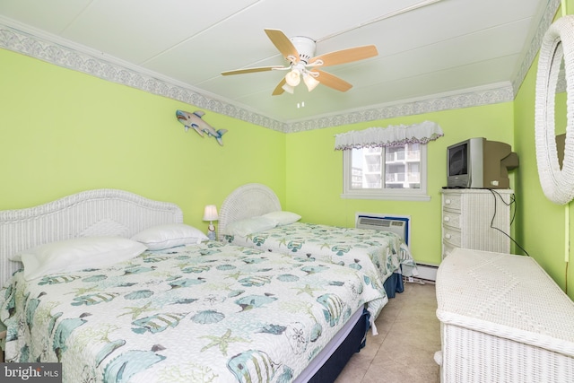 bedroom with ceiling fan, a baseboard heating unit, an AC wall unit, and ornamental molding