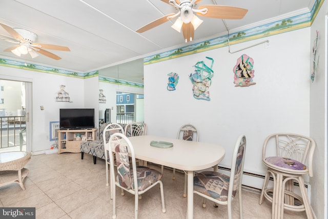 dining area with light tile patterned flooring, ceiling fan, and ornamental molding