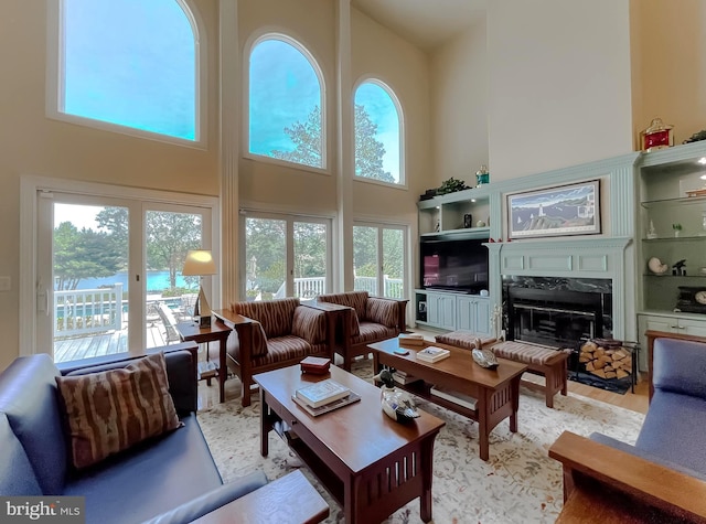 living room featuring a high ceiling, wood finished floors, and a fireplace