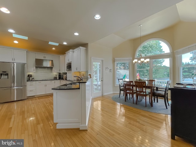 kitchen featuring under cabinet range hood, dark countertops, stainless steel appliances, light wood-style floors, and vaulted ceiling