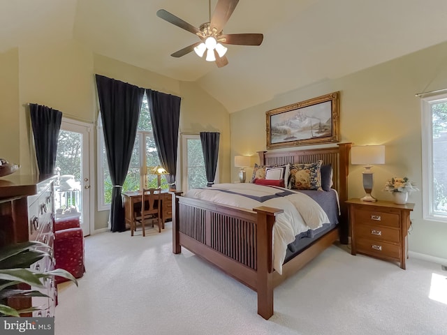 carpeted bedroom with baseboards, a ceiling fan, lofted ceiling, and access to outside