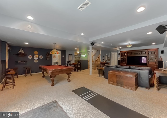 playroom featuring visible vents, recessed lighting, carpet floors, pool table, and baseboards