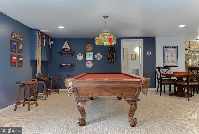 game room with billiards, baseboards, and carpet floors