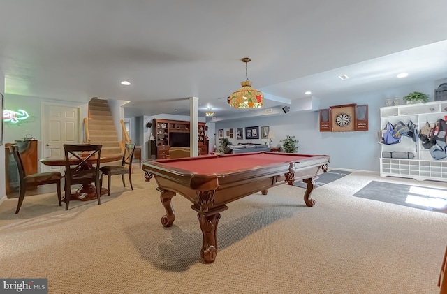 recreation room with recessed lighting, carpet, and pool table