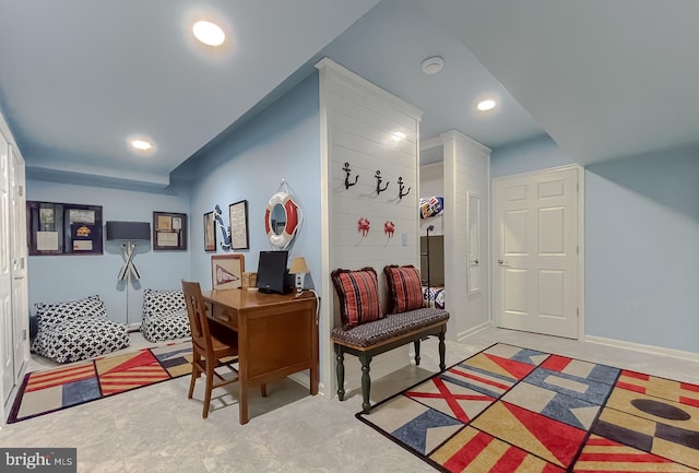 office area featuring recessed lighting and baseboards