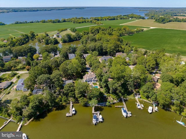 drone / aerial view featuring a water view