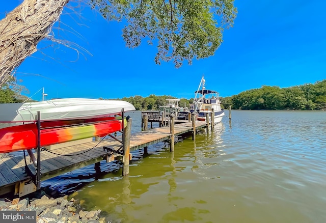 view of dock with a water view and boat lift