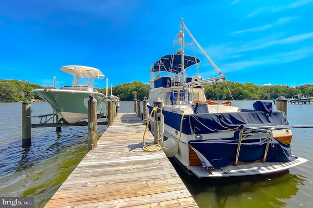 dock area featuring boat lift and a water view