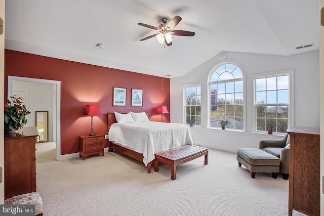 bedroom with visible vents, ceiling fan, baseboards, vaulted ceiling, and carpet flooring