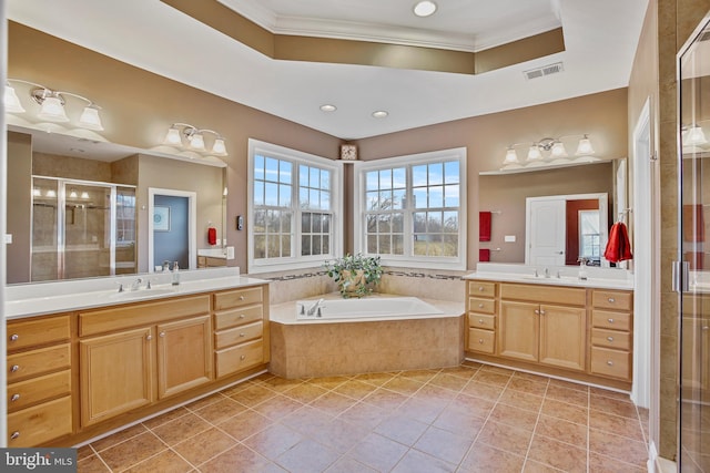 full bathroom with visible vents, two vanities, a sink, a shower stall, and a raised ceiling