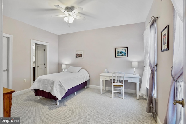 bedroom featuring carpet flooring, ceiling fan, and baseboards