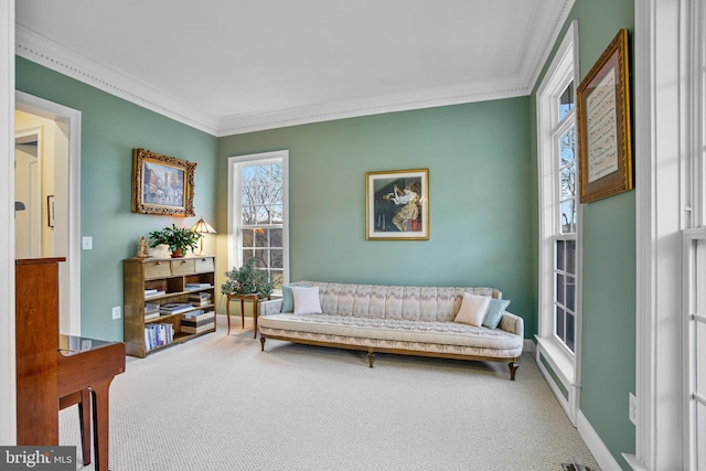 living area featuring ornamental molding and carpet floors