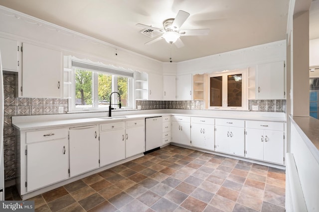 kitchen featuring open shelves, a sink, dishwasher, ceiling fan, and white cabinets