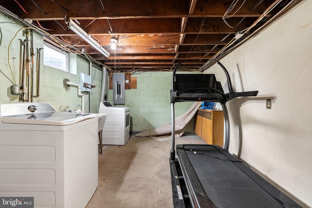 basement with washing machine and dryer and electric panel
