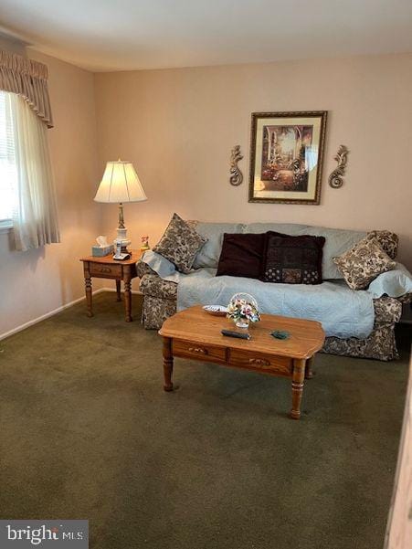 carpeted living room featuring baseboards