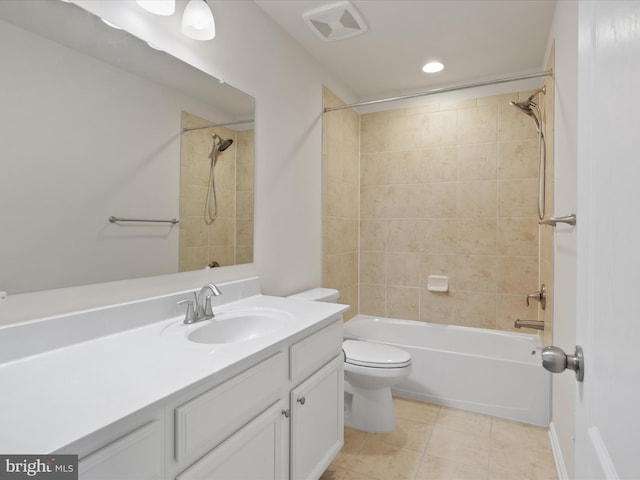 full bathroom featuring shower / tub combination, toilet, visible vents, vanity, and tile patterned floors