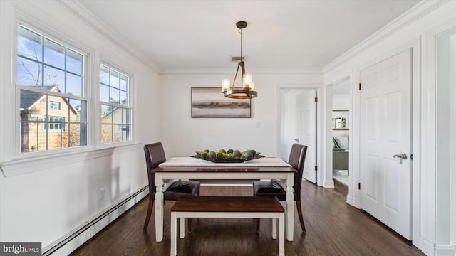 dining area featuring ornamental molding, a baseboard radiator, dark wood finished floors, and an inviting chandelier