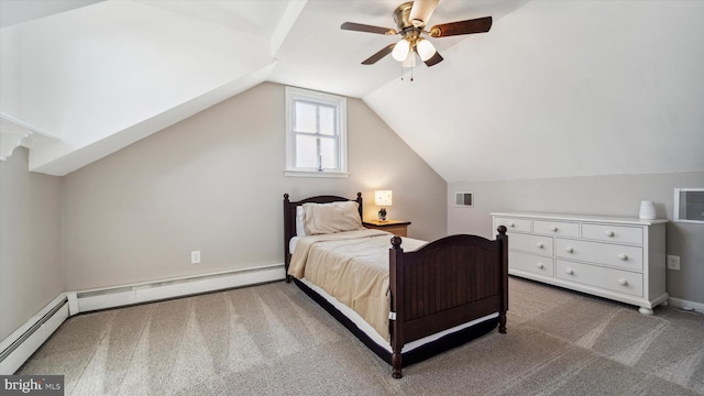 bedroom with visible vents, a ceiling fan, carpet, vaulted ceiling, and a baseboard heating unit