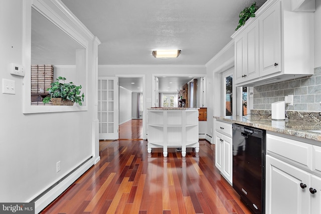 kitchen featuring dark wood-style flooring, black dishwasher, tasteful backsplash, baseboard heating, and white cabinets